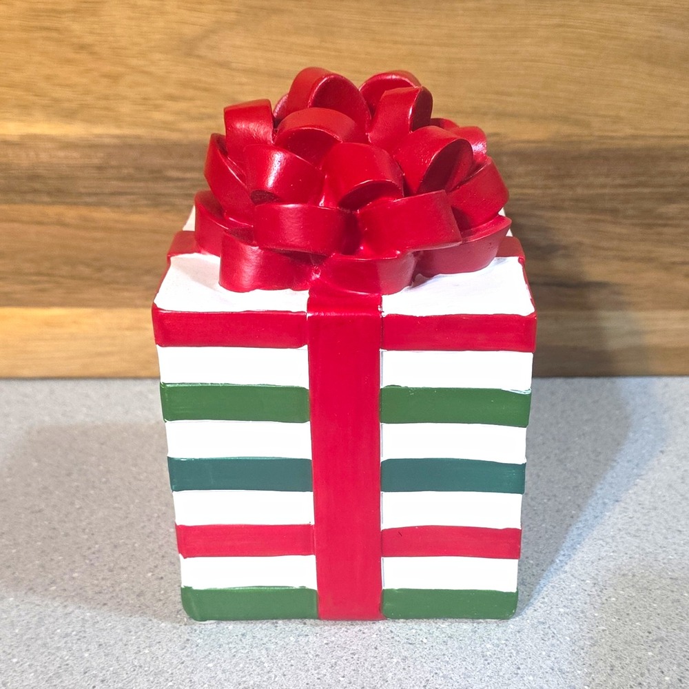 Christmas Holiday Gift Box Figurine 5in Freestanding Red White Green Decor